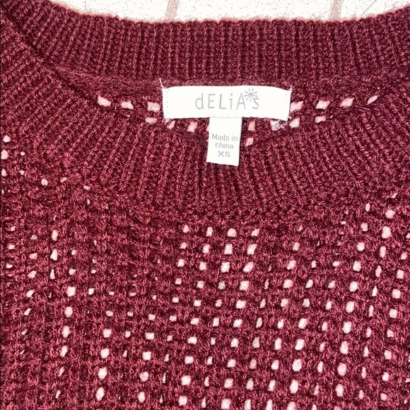 Delia’s Loose open knit crochet maroon high low long sleeve pullover sweater top - Picture 6 of 9